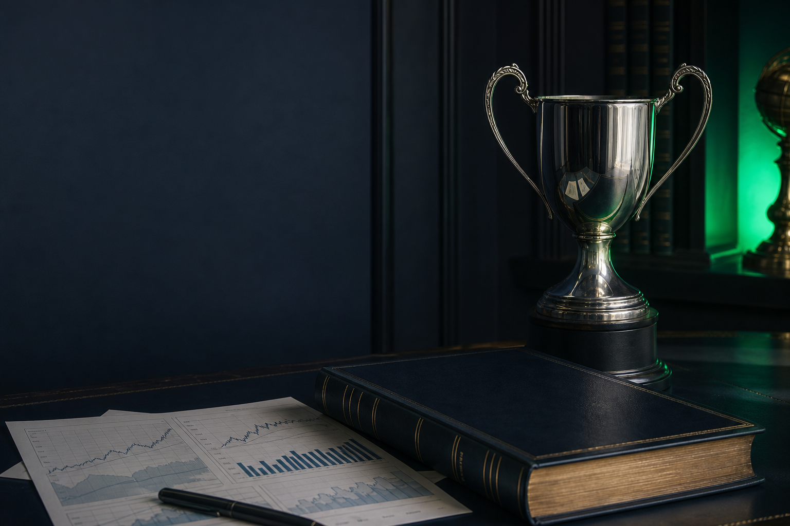 Silver trading trophy beside an annual rankings ledger